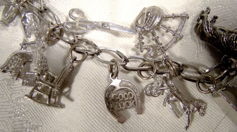 Textured Folded Link Sterling Silver Charm Bracelet with 17 Charms