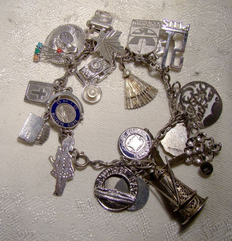 Early Chain Link Silver Plated Charm Bracelet with 24 Charms 1930s + (item  #1373202)