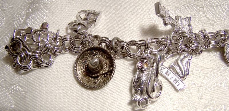 Triple Link Sterling Silver Charm Bracelet 1970s with 18 Charms