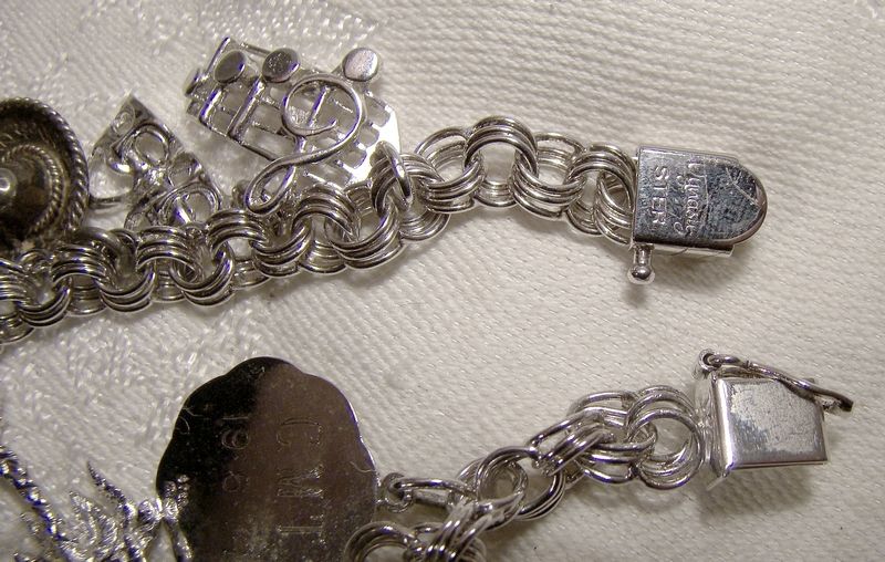 Triple Link Sterling Silver Charm Bracelet 1970s with 18 Charms