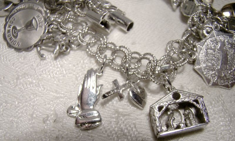 Double Textured Links Sterling Silver Charm Bracelet with 22 Charms