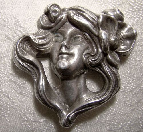 Art Nouveau Sterling Silver LADY with POPPY Brooch Pin 1900 -Authentic