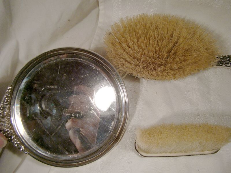 Unger Bros. 4 Piece Sterling Silver Brush Mirror and Box Dresser Set