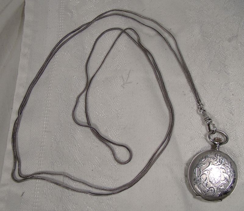 Swiss Sterling Silver Engraved Hunter Case Pocket Watch with Chain