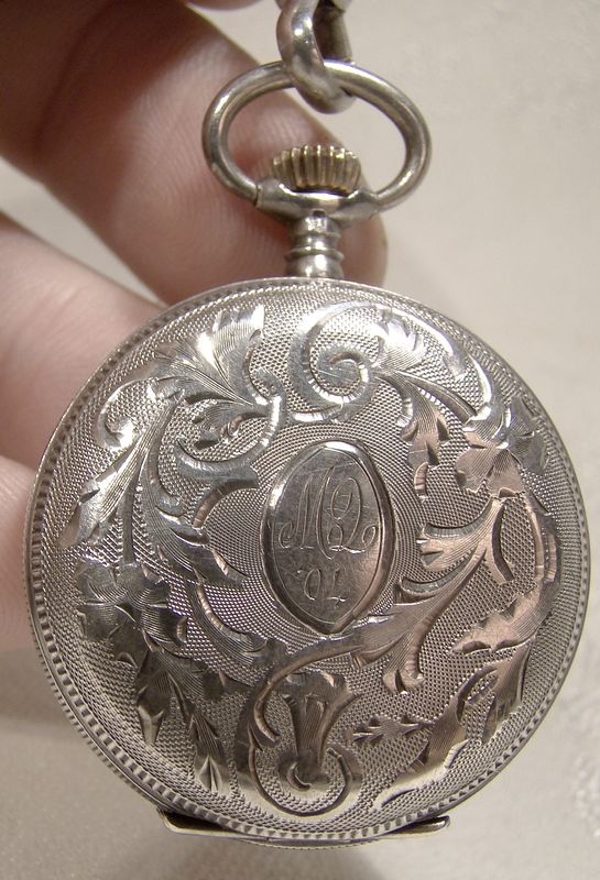 Swiss Sterling Silver Engraved Hunter Case Pocket Watch with Chain