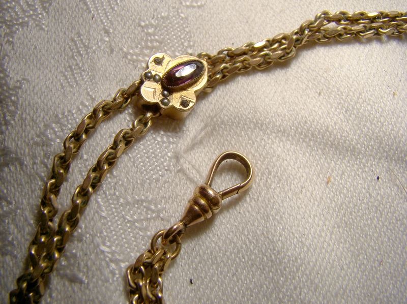 Victorian Gold Filled Watch Chain with Seed Pearl and Glass Slide 1890