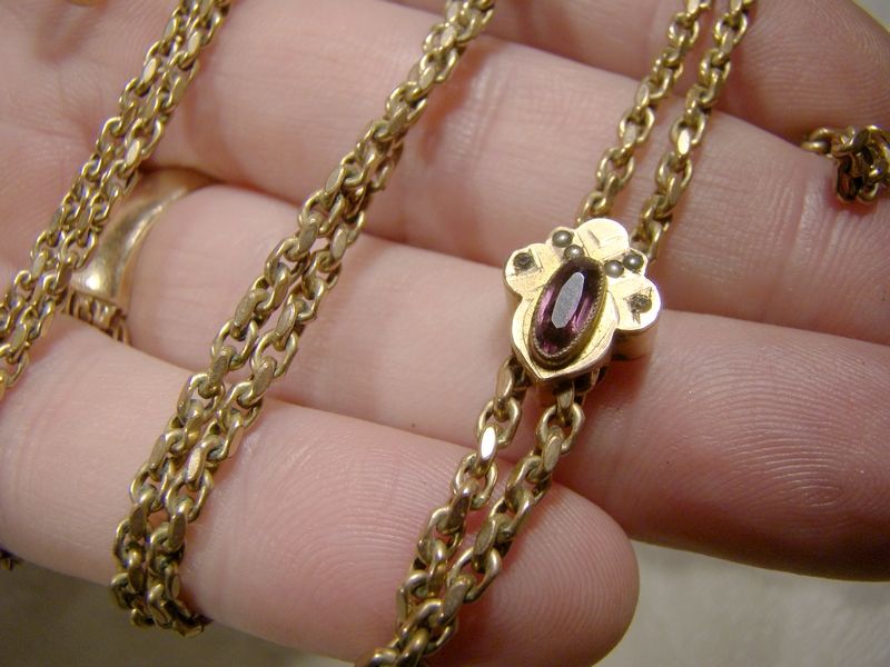 Victorian Gold Filled Watch Chain with Seed Pearl and Glass Slide 1890