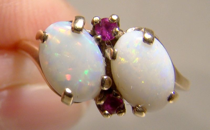 10K Double Opals and Red Spinels Ring 1960s - Size 5-1/2