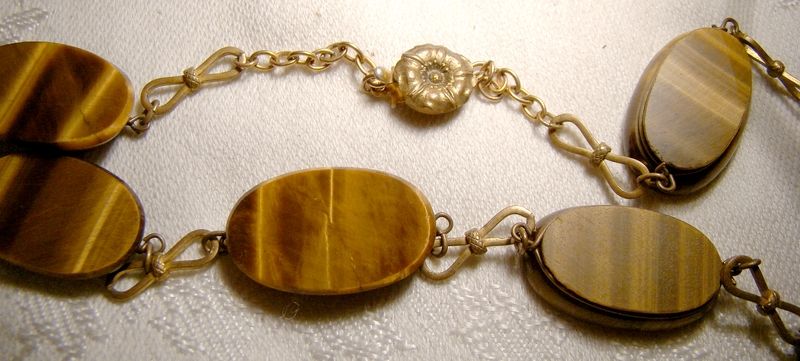 Edwardian Tiger Eye Discs Gilt Brass Necklace 1910 1920