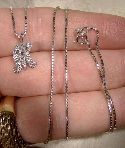14K White Gold M Initial Pendant with Diamonds on Chain Necklace