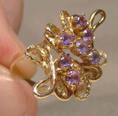 10K Yellow Gold Abstract Modern Purple Topaz Ring 1970s - Size 5-1/2