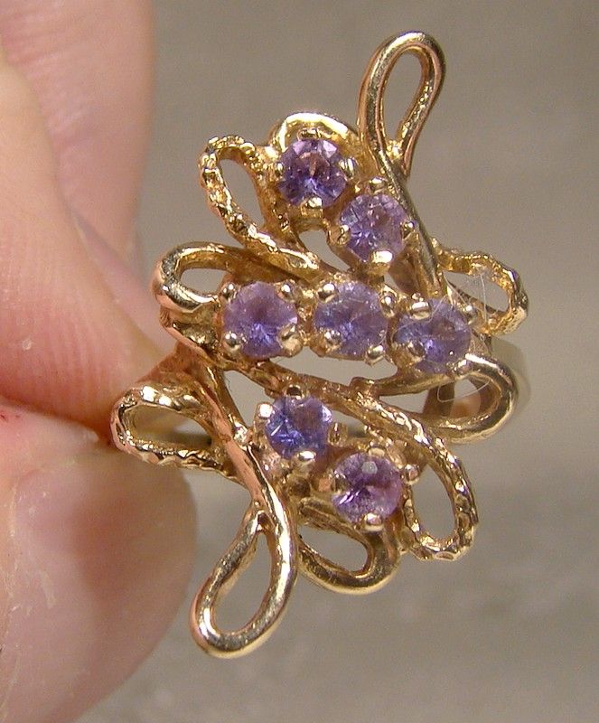 10K Yellow Gold Abstract Modern Purple Topaz Ring 1970s - Size 5-1/2