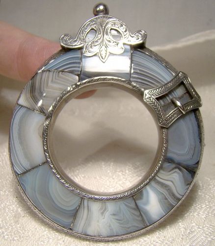 19th Century Scottish Sterl. Silver Banded Agate Pebble Buckle Brooch