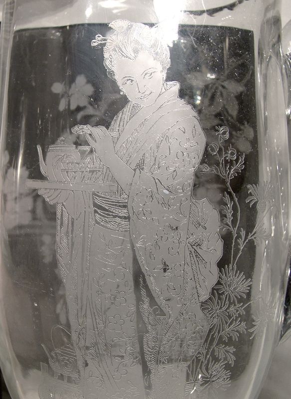 Fry Geisha Etched Glass Lemonade Pitcher plus 5 Handled Tumblers