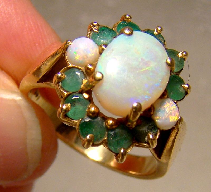 14K Yellow Gold Opals and Emeralds Ring 1970s - Size 7
