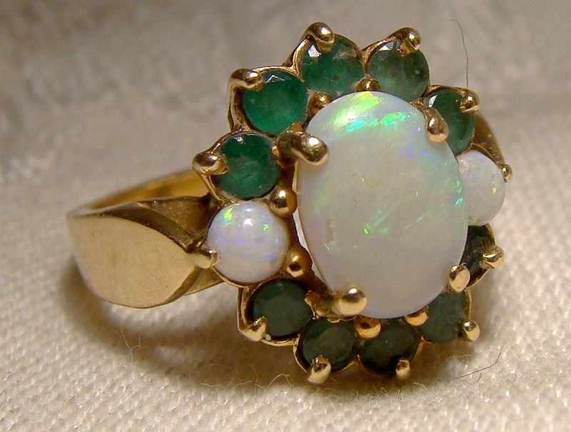 14K Yellow Gold Opals and Emeralds Ring 1970s - Size 7