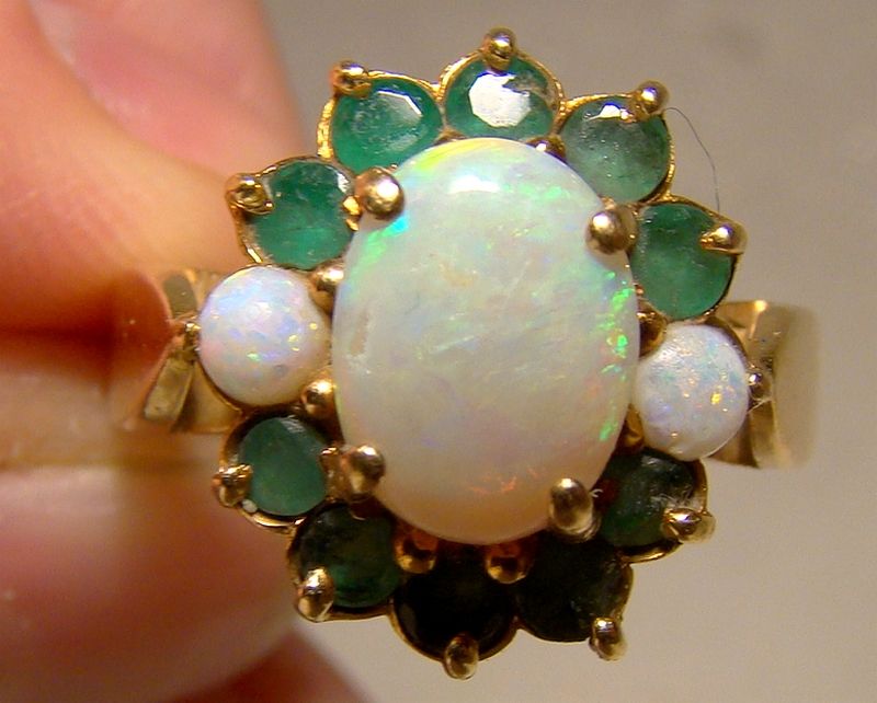 14K Yellow Gold Opals and Emeralds Ring 1970s - Size 7