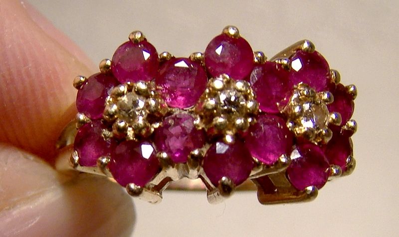 14K Yellow Gold Ruby Triple Flower Head Ring with Diamonds 1980s