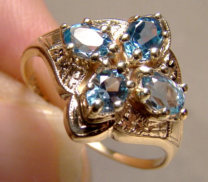 10K Yellow Gold Edwardian Blue 4 Topaz Ring 1900 1910 Size 5-1/2