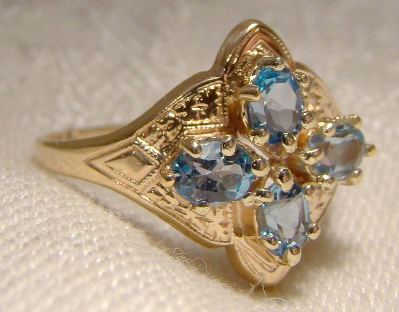 10K Yellow Gold Edwardian Blue 4 Topaz Ring 1900 1910 Size 5-1/2