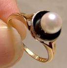 Edwardian 14K Yellow Gold Black Onyx and Cultured Pearl Ring