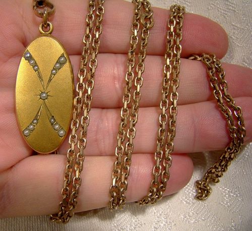 Victorian Gold Filled Seed Pearls Photo Locket with Long Watch Chain
