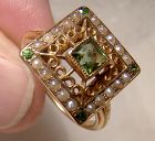 Edwardian 14K Rose Gold Peridot and Seed Pearl Ring 1910-20 Size 5-1/2