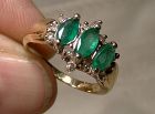 10K Yellow Gold Marquise Emeralds and Diamonds Ring 1970s - Size 6