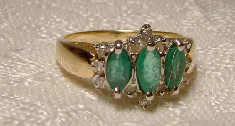 10K Yellow Gold Marquise Emeralds and Diamonds Ring 1970s - Size 6