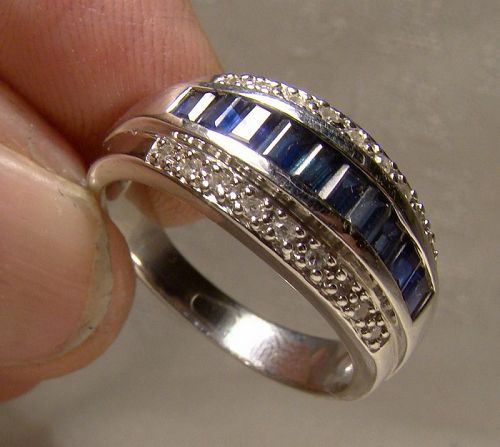 14K White Gold Channel Set Sapphires and Diamonds Ring - Size 8-1/4