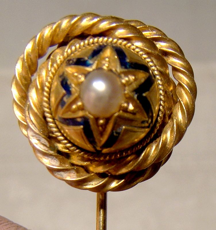 15K Yellow Gold Enamel and Pearl Victorian Stickpin Lapel Brooch 1860s