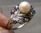 10K White Gold Pearl Sapphires and Diamonds Ring 1960s - Size 5-3/4