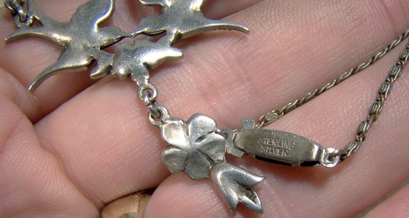 Flying Birds Sterling Silver Marcasites Lavaliere Necklace 1930s