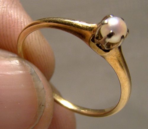 18K Yellow Gold Pearl Solitaire Ring 1950s - Size 6-3/4