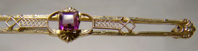 14K Yellow Gold Purple Tourmaline Wirework Bar Pin Brooch 1915-20