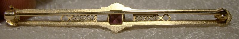 14K Yellow Gold Purple Tourmaline Wirework Bar Pin Brooch 1915-20