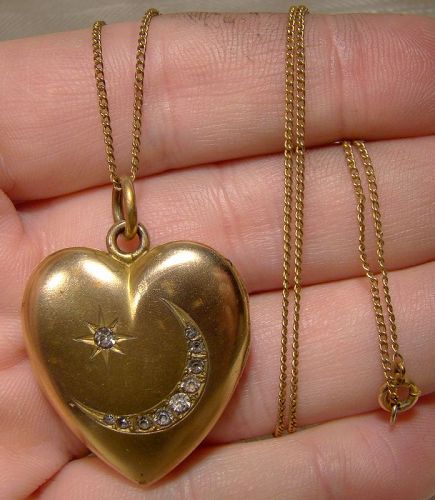 Gold Filled Moon and Star Rhinestone Heart Photo Locket on Chain