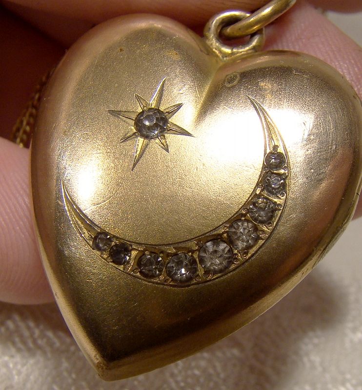 Gold Filled Moon and Star Rhinestone Heart Photo Locket on Chain