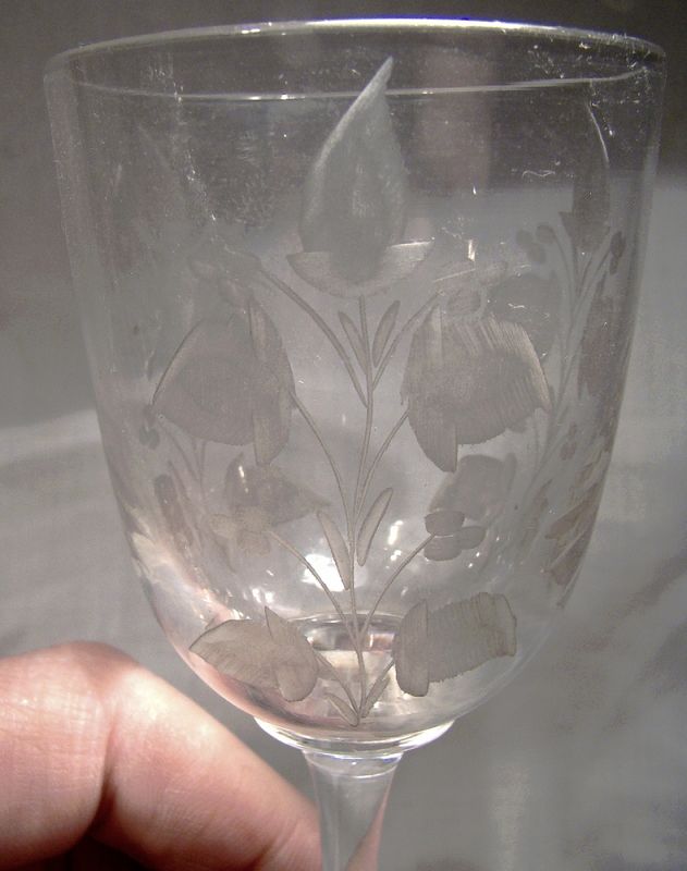 5 Victorian Hand Etched Cordial Liquer or Wine Glasses