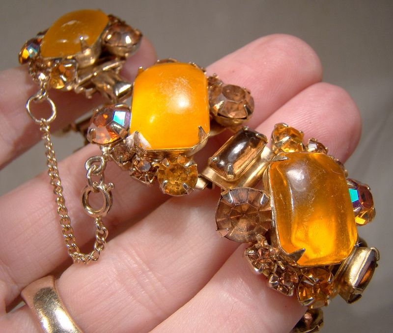 Coro Orange Lucite Cabochons and Aurora Borealis Rhinestones Bracelet