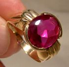 10K Yellow Gold Synthetic Ruby Cabochon Ring 1960s-70s Size 8-1/2