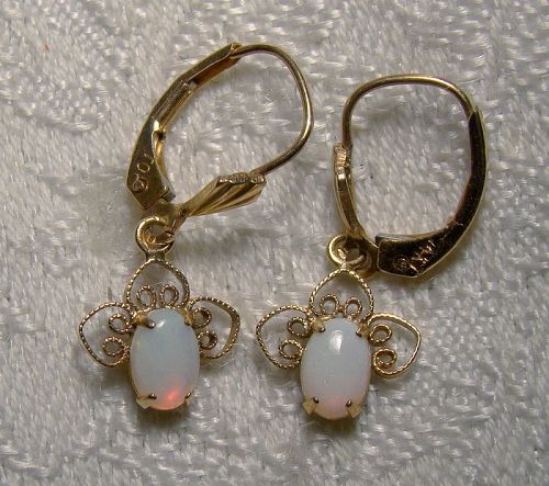 Pair 14K Yellow Gold Opal Wirework Dangle Earrings 1960s-70s