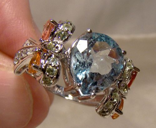 14k White Gold Aquamarine, Topaz and Diamonds Ring 1990s - Size 7-1/4