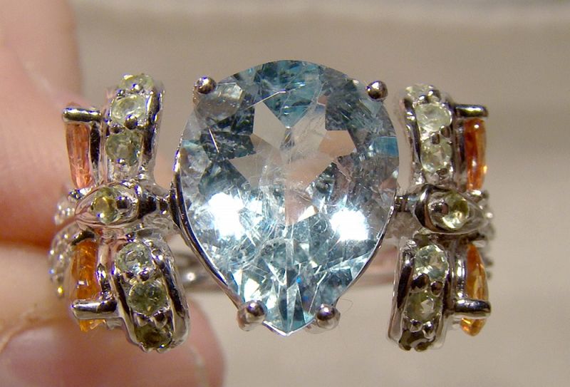 14k White Gold Aquamarine, Topaz and Diamonds Ring 1990s - Size 7-1/4