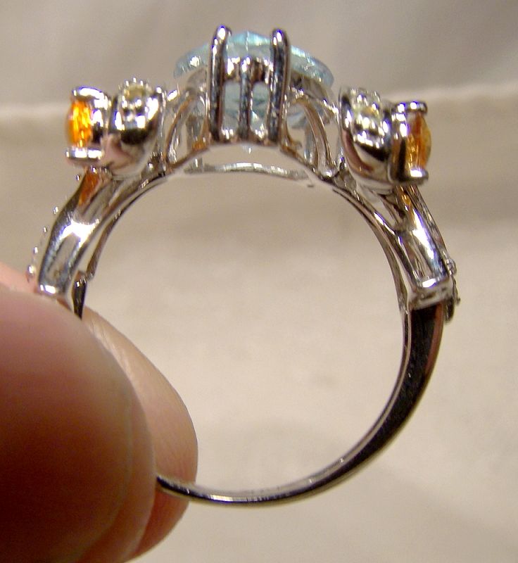 14k White Gold Aquamarine, Topaz and Diamonds Ring 1990s - Size 7-1/4