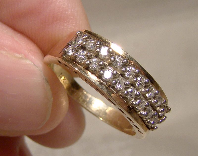 Vintage Diamond Two-Row Ring Purple Glass Accents 14K Yellow Gold Ladies  Size 6