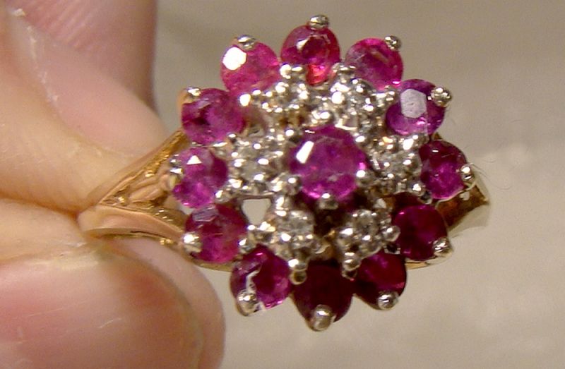 10K Yellow Gold Rubies and Diamonds Round Cluster Ring