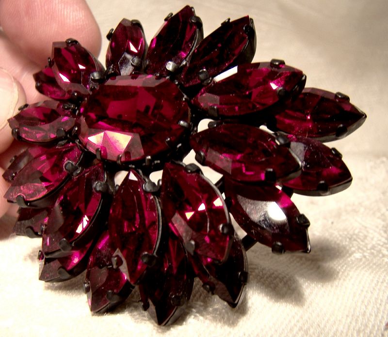 Austrian Deep Red Crystal Layered Flower Brooch Pin and Earrings Set