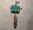 Ray Tracey Navajo Inlaid Turquoise Sterling Silver Pendant w/ Feather