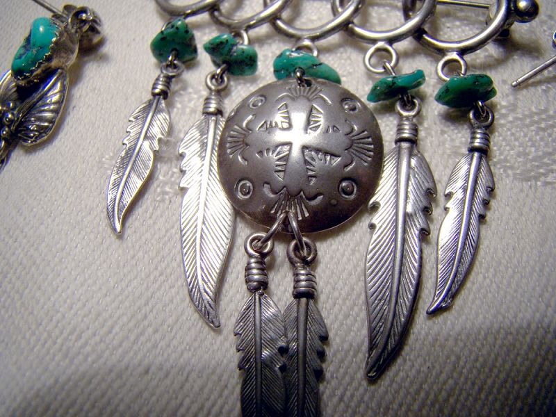 Southwest Sterling Silver and Turquoise Feathers Dangle Brooch Pin